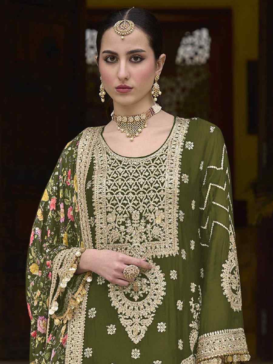 Green Chinon Silk Embroidered Festival Wedding Palazzo Pant Salwar Kameez