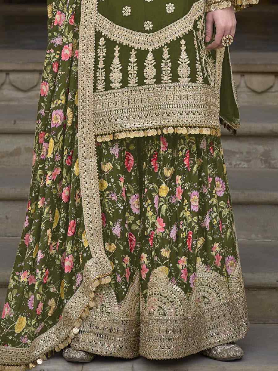 Green Chinon Silk Embroidered Festival Wedding Palazzo Pant Salwar Kameez