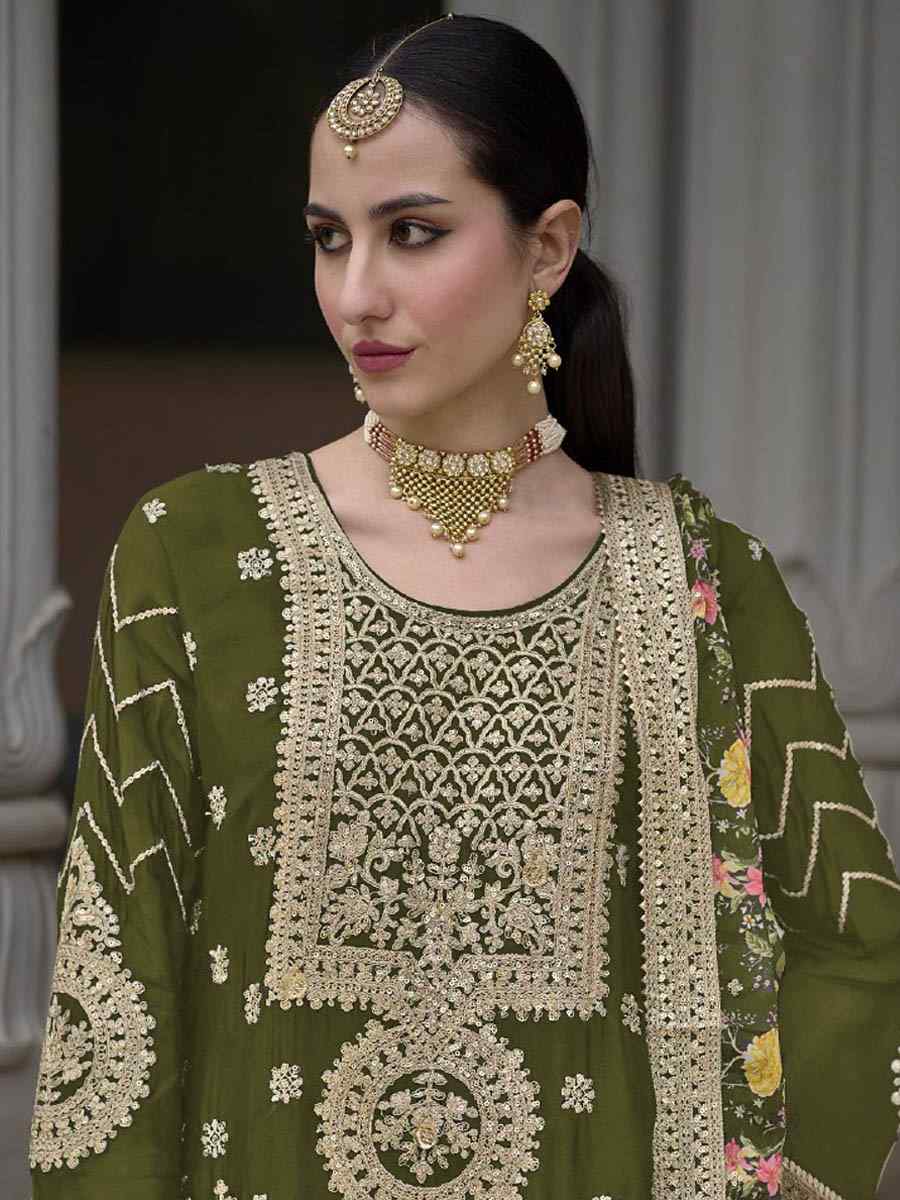 Green Chinon Silk Embroidered Festival Wedding Palazzo Pant Salwar Kameez