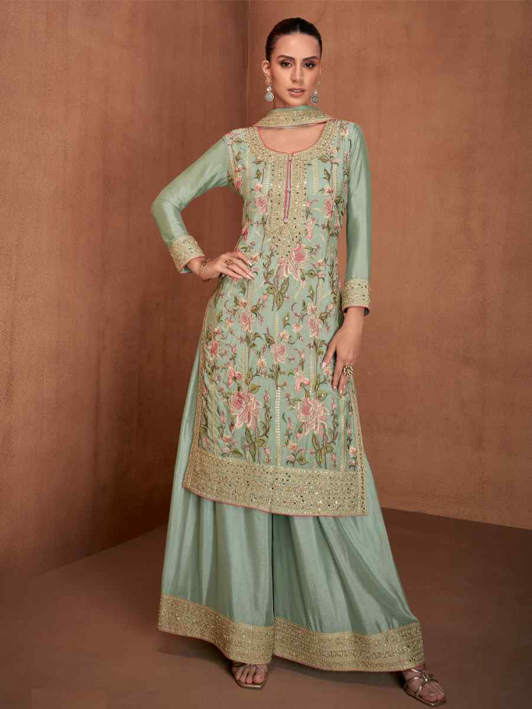 Green Chinon Silk Embroidered Festival Wedding Ready Palazzo Pant Salwar Kameez