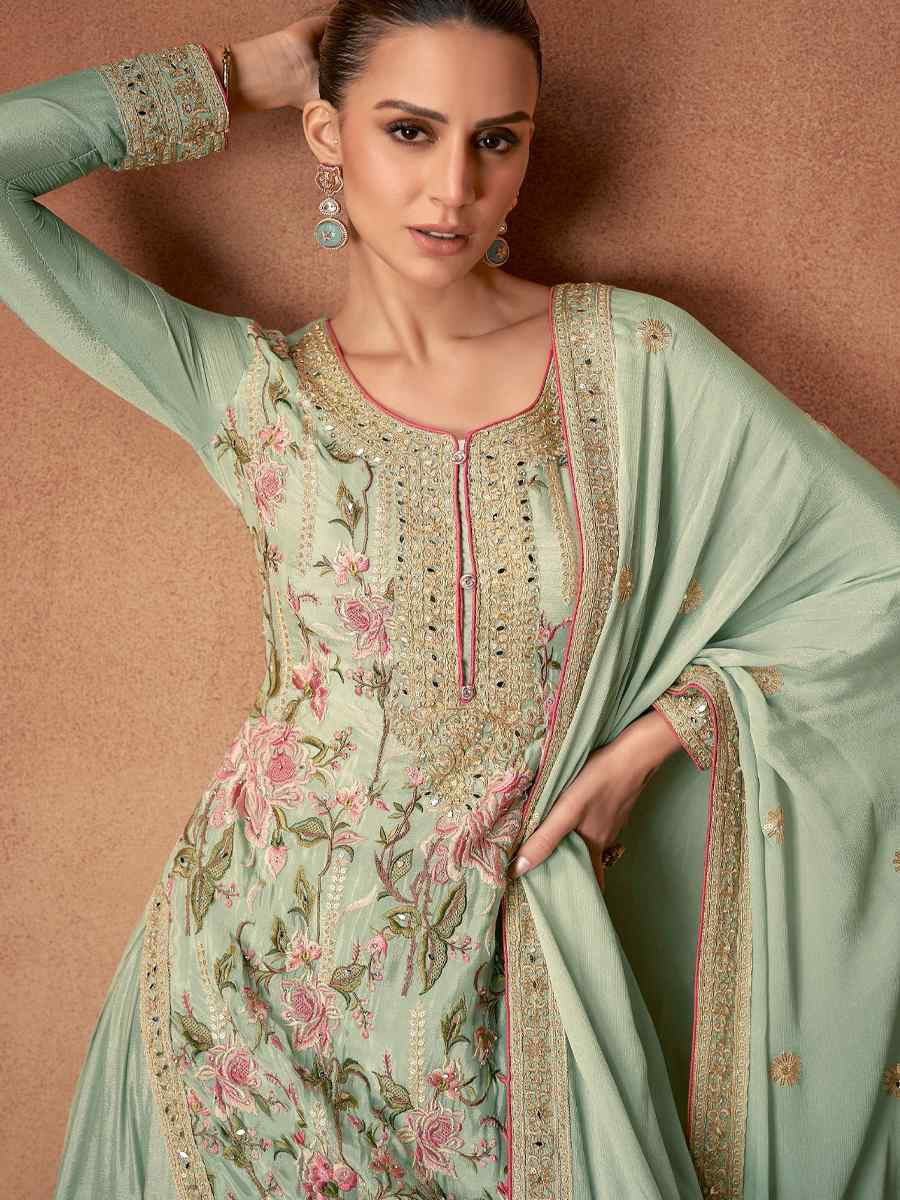 Green Chinon Silk Embroidered Festival Wedding Ready Palazzo Pant Salwar Kameez