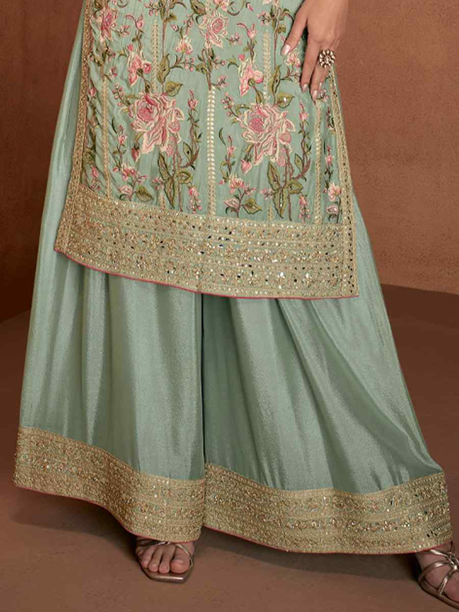 Green Chinon Silk Embroidered Festival Wedding Ready Palazzo Pant Salwar Kameez