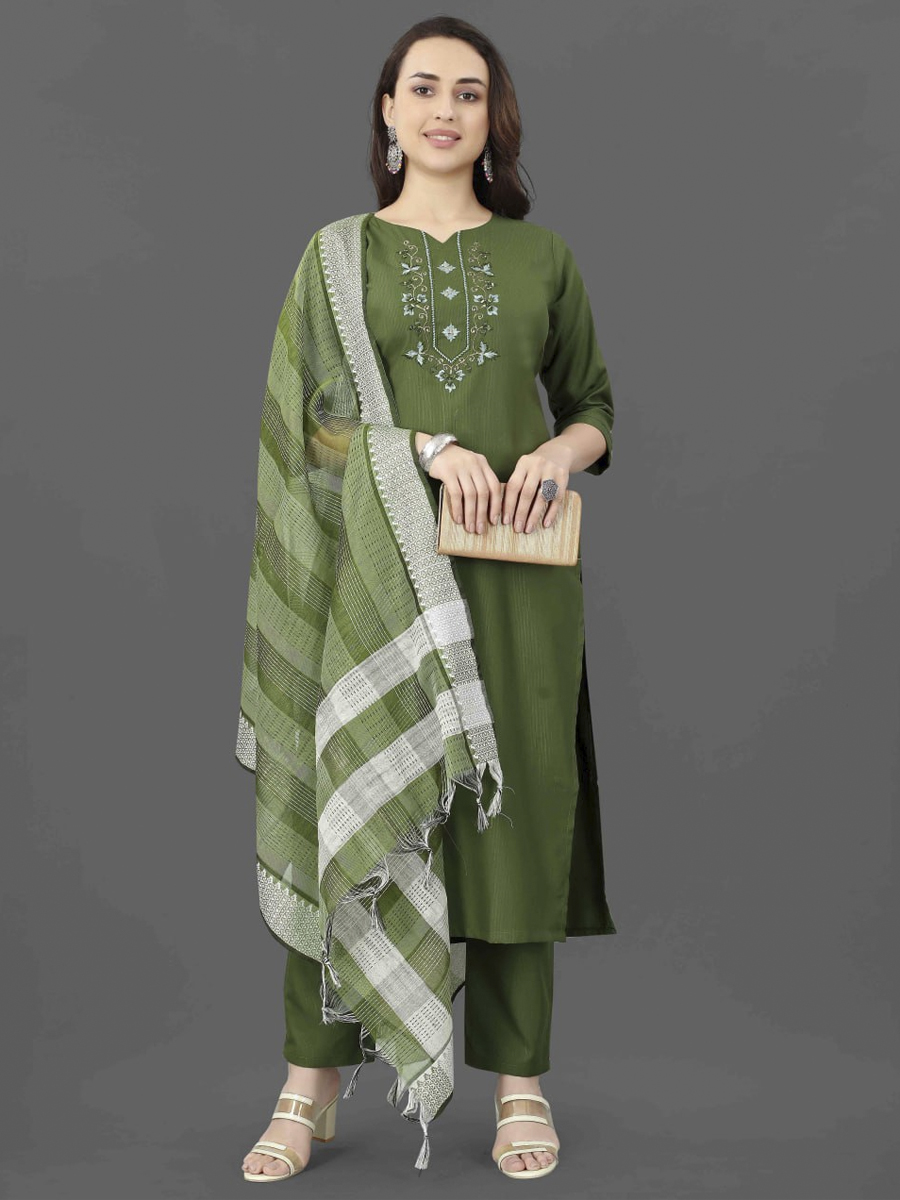 Green Cotton Blend Handwoven Festival Casual Ready Pant Salwar Kameez