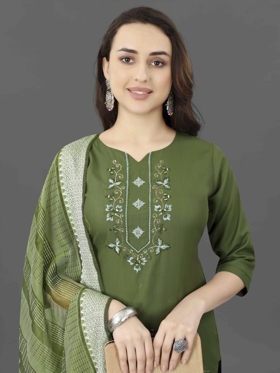 Green Cotton Blend Handwoven Festival Casual Ready Pant Salwar Kameez