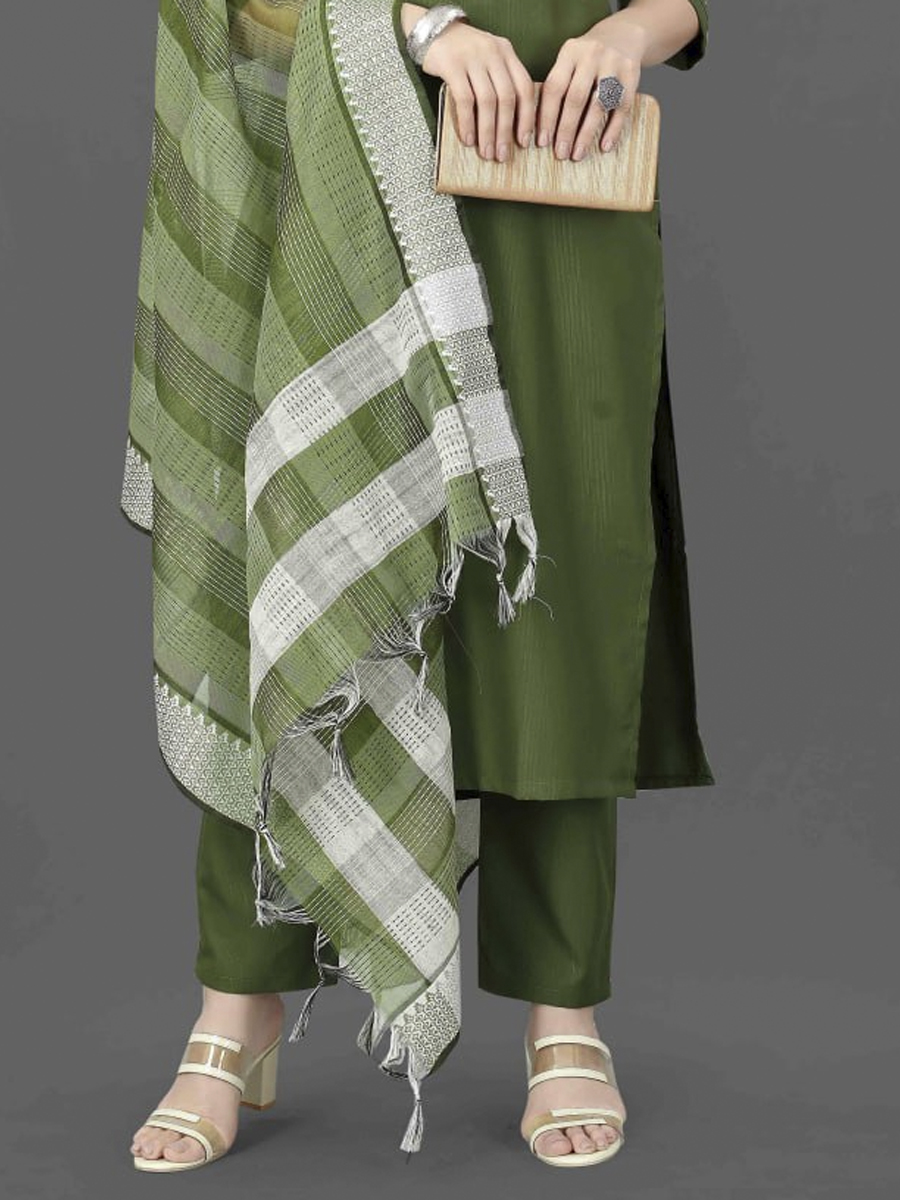 Green Cotton Blend Handwoven Festival Casual Ready Pant Salwar Kameez