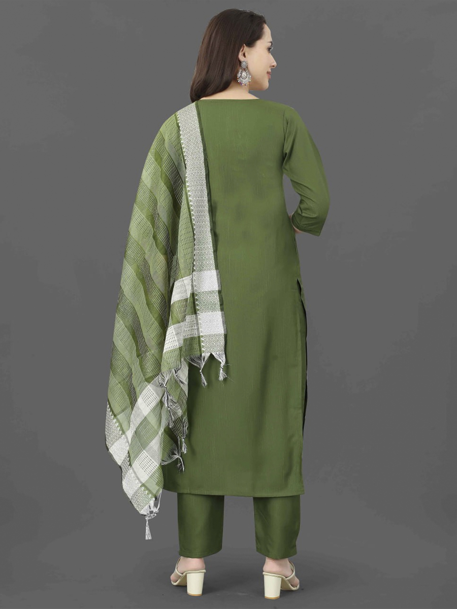 Green Cotton Blend Handwoven Festival Casual Ready Pant Salwar Kameez