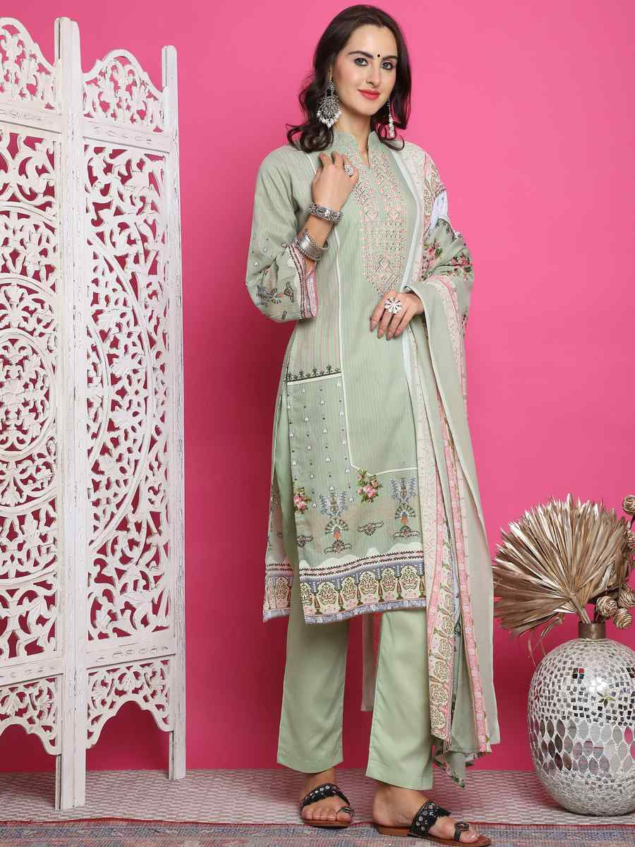 Green Cotton Embroidered Casual Festival Pant Salwar Kameez