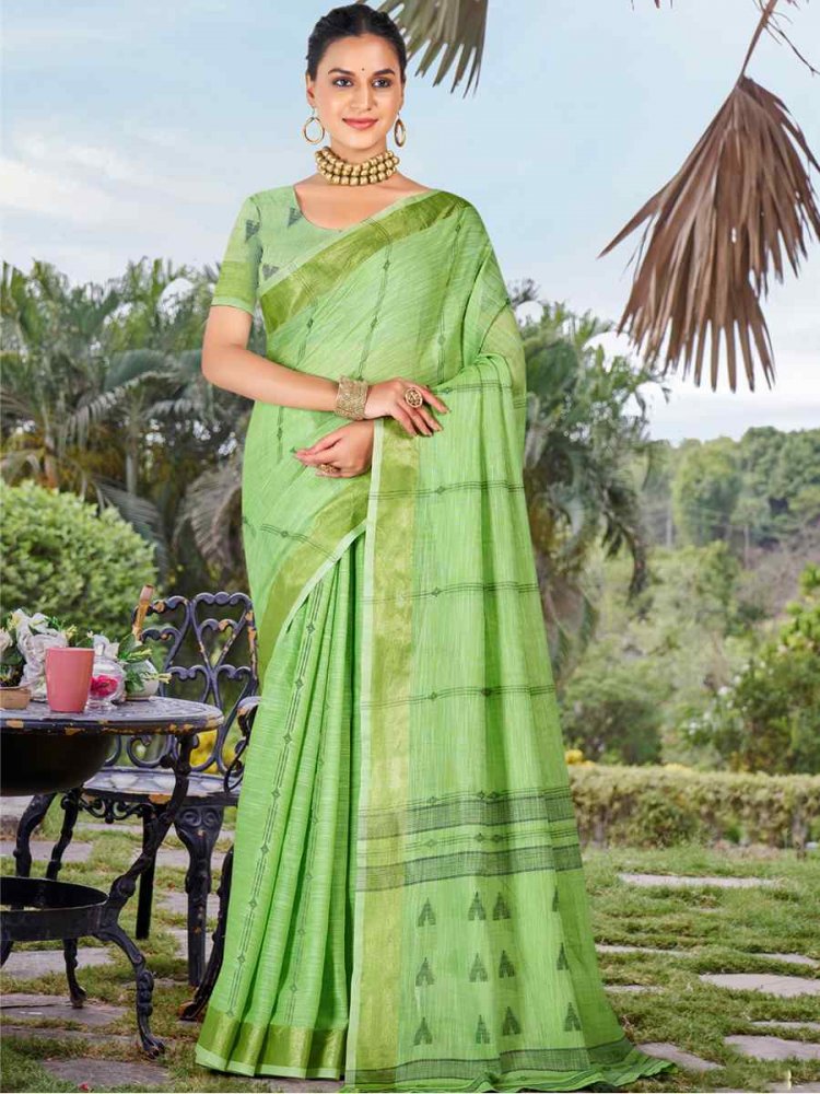 Green Cotton Handwoven Festival Casual Classic Style Saree