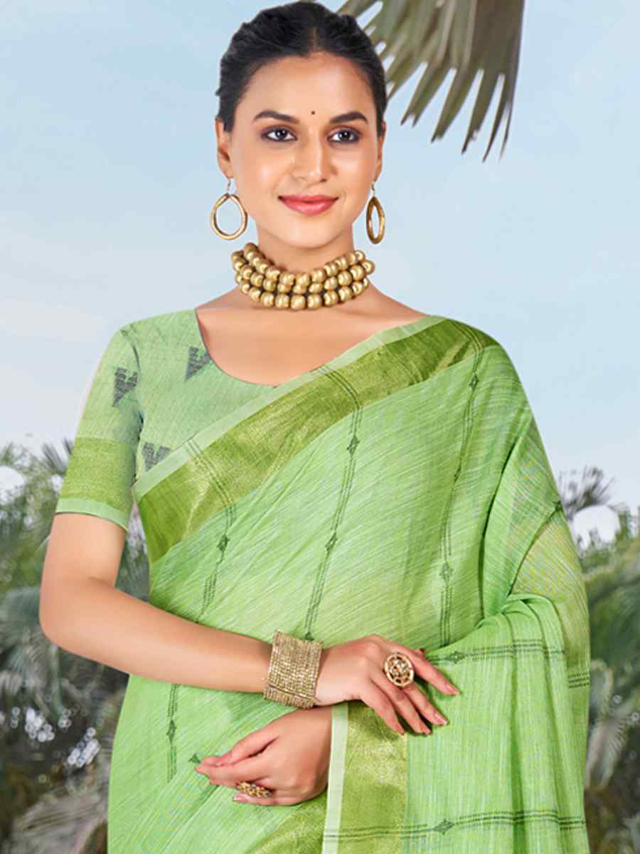 Green Cotton Handwoven Festival Casual Classic Style Saree