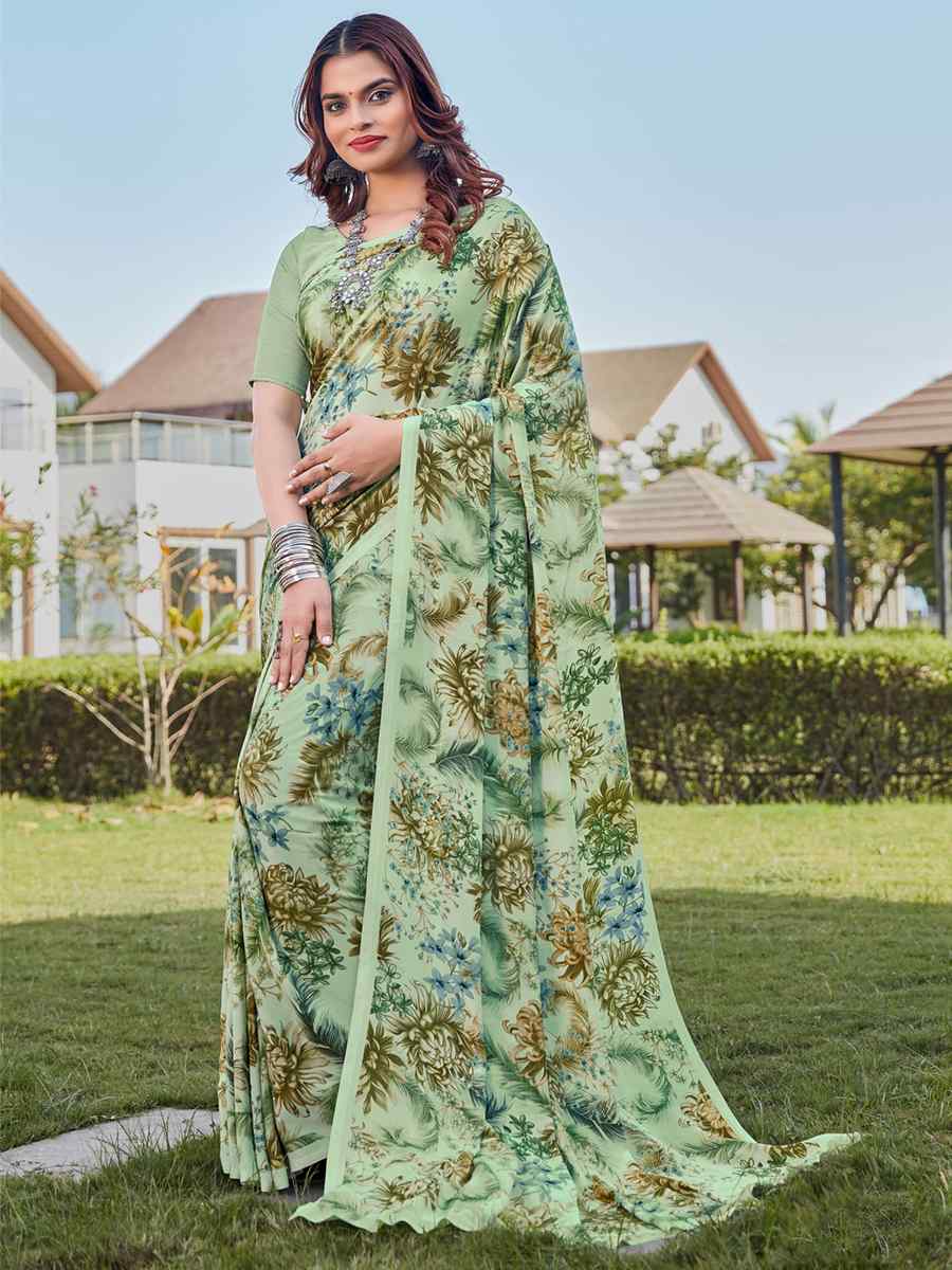 Green Crepe Printed Casual Festival Contemporary Saree