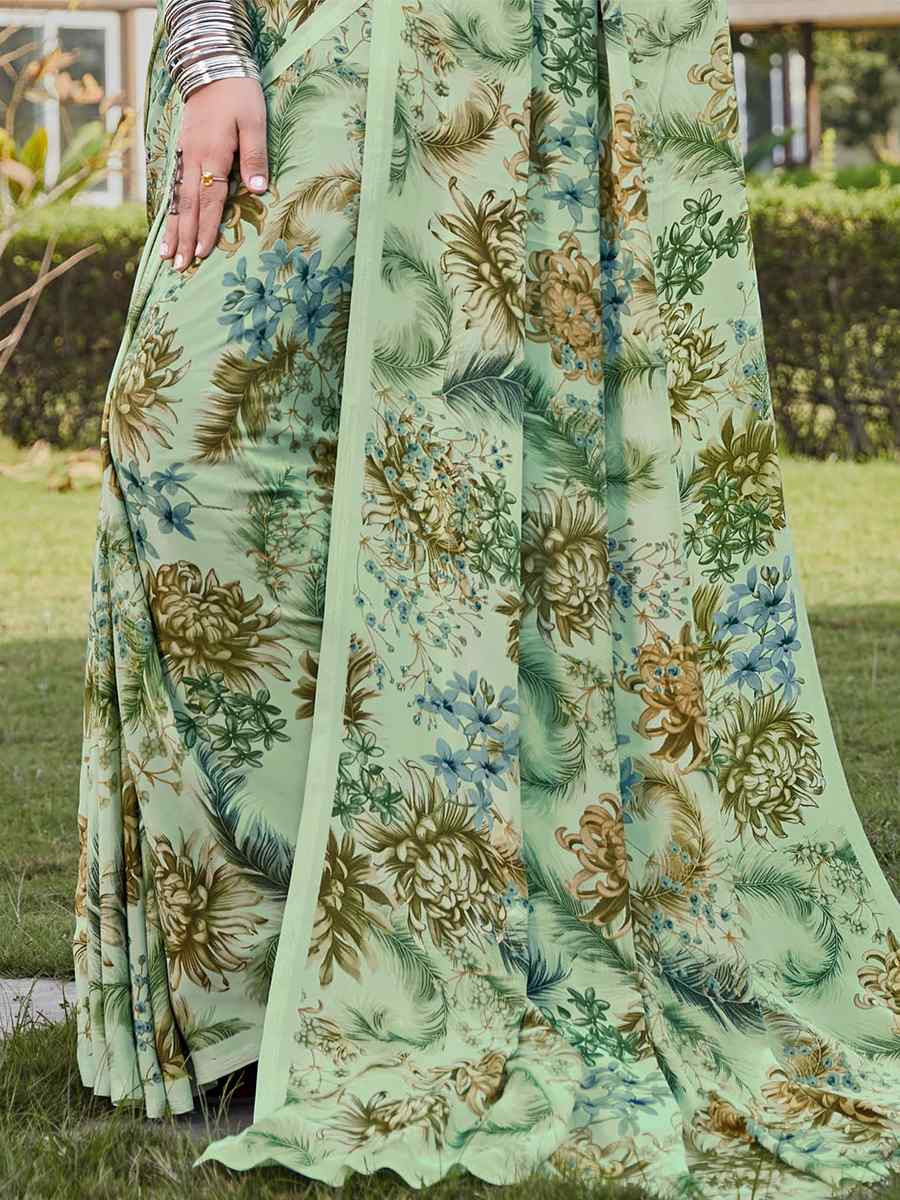 Green Crepe Printed Casual Festival Contemporary Saree