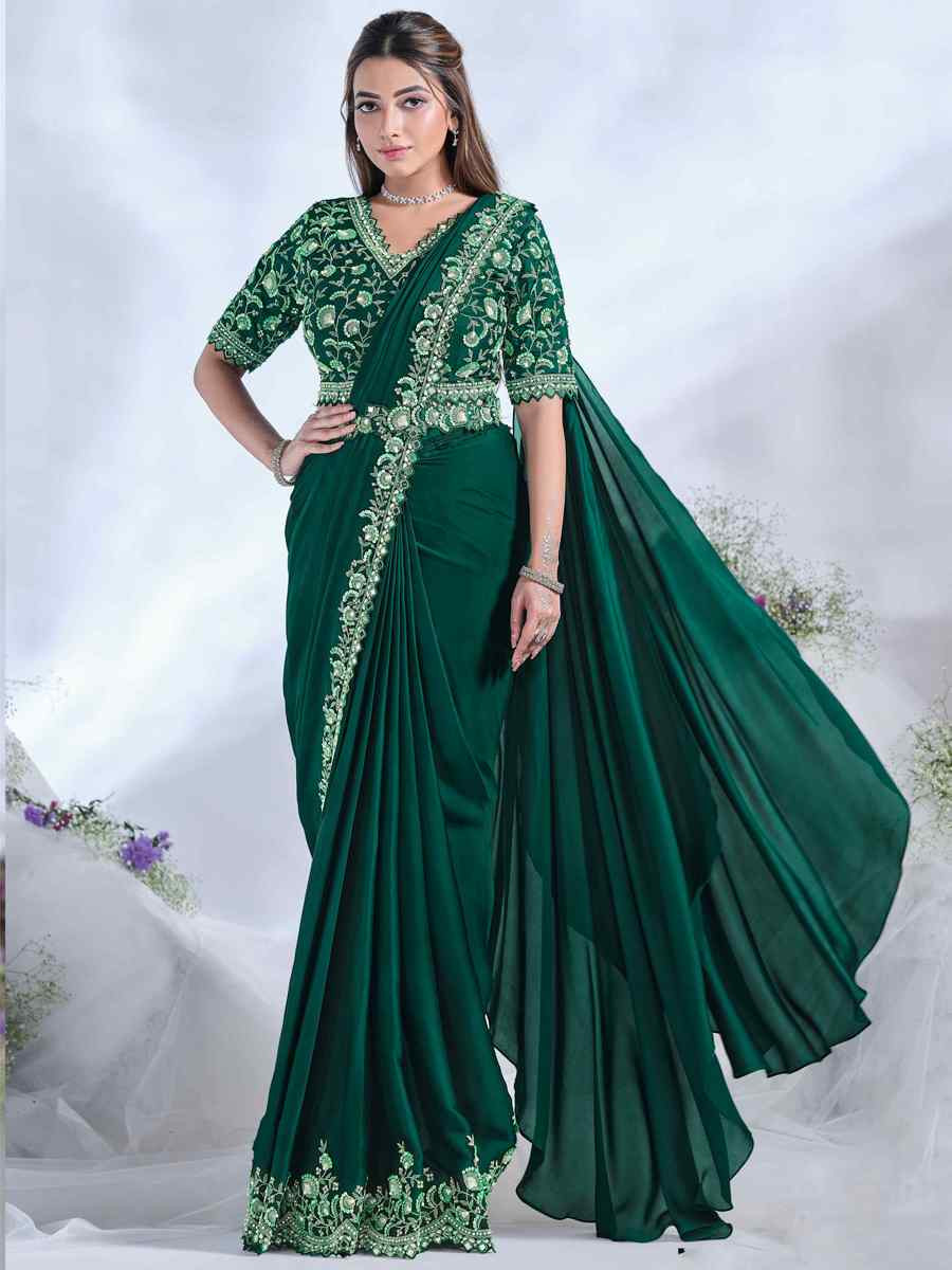 Green Crepe Satin Silk Embroidered Reception Wedding Heavy Border Saree