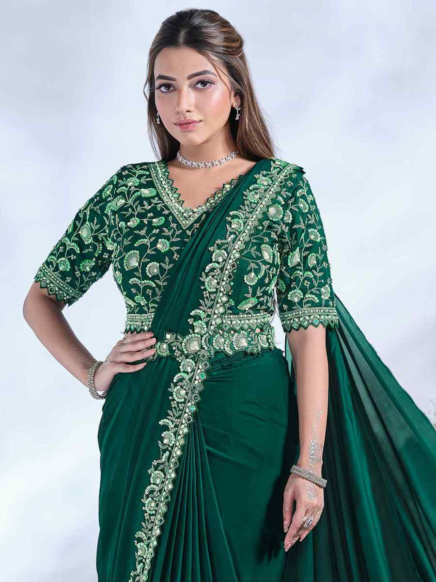 Green Crepe Satin Silk Embroidered Reception Wedding Heavy Border Saree