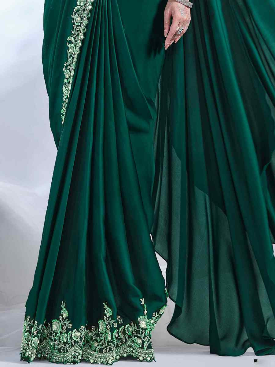 Green Crepe Satin Silk Embroidered Reception Wedding Heavy Border Saree