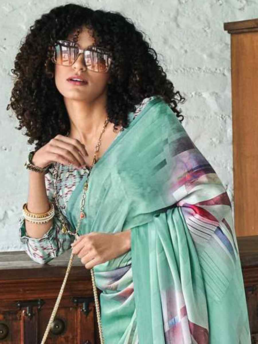 Green Crepe Soft Silk Printed Festival Casual Contemporary Saree