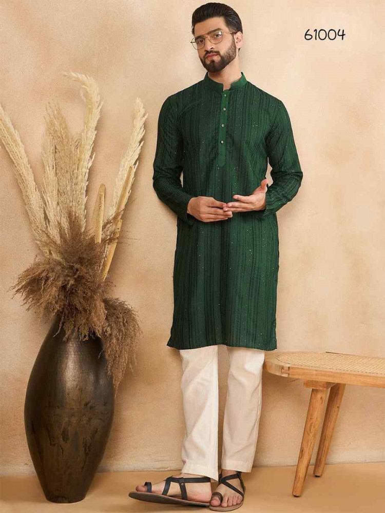 Green Designer Liva Silk Embroidered Festival Casual Kurta