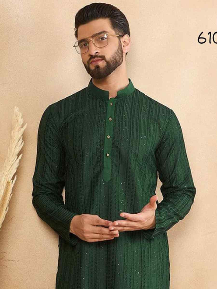 Green Designer Liva Silk Embroidered Festival Casual Kurta