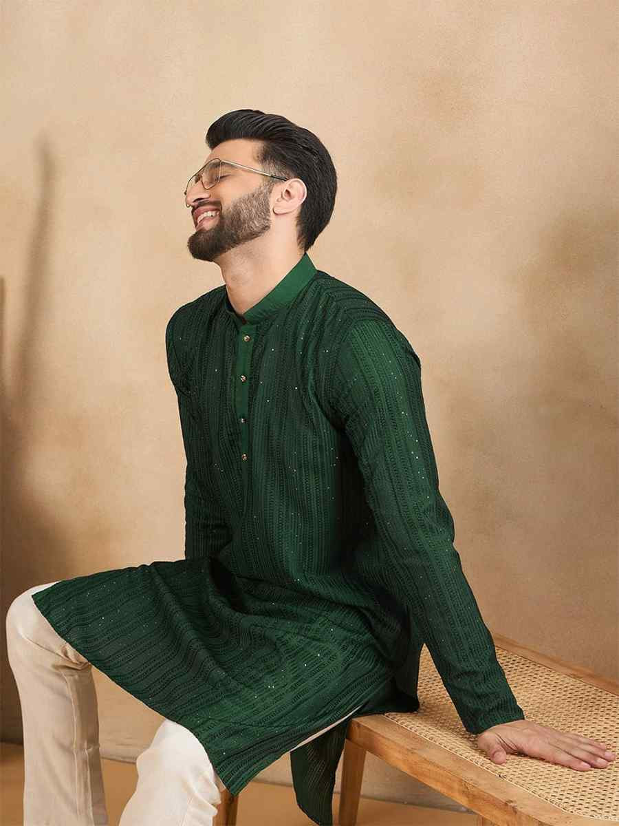 Green Designer Liva Silk Embroidered Festival Casual Kurta