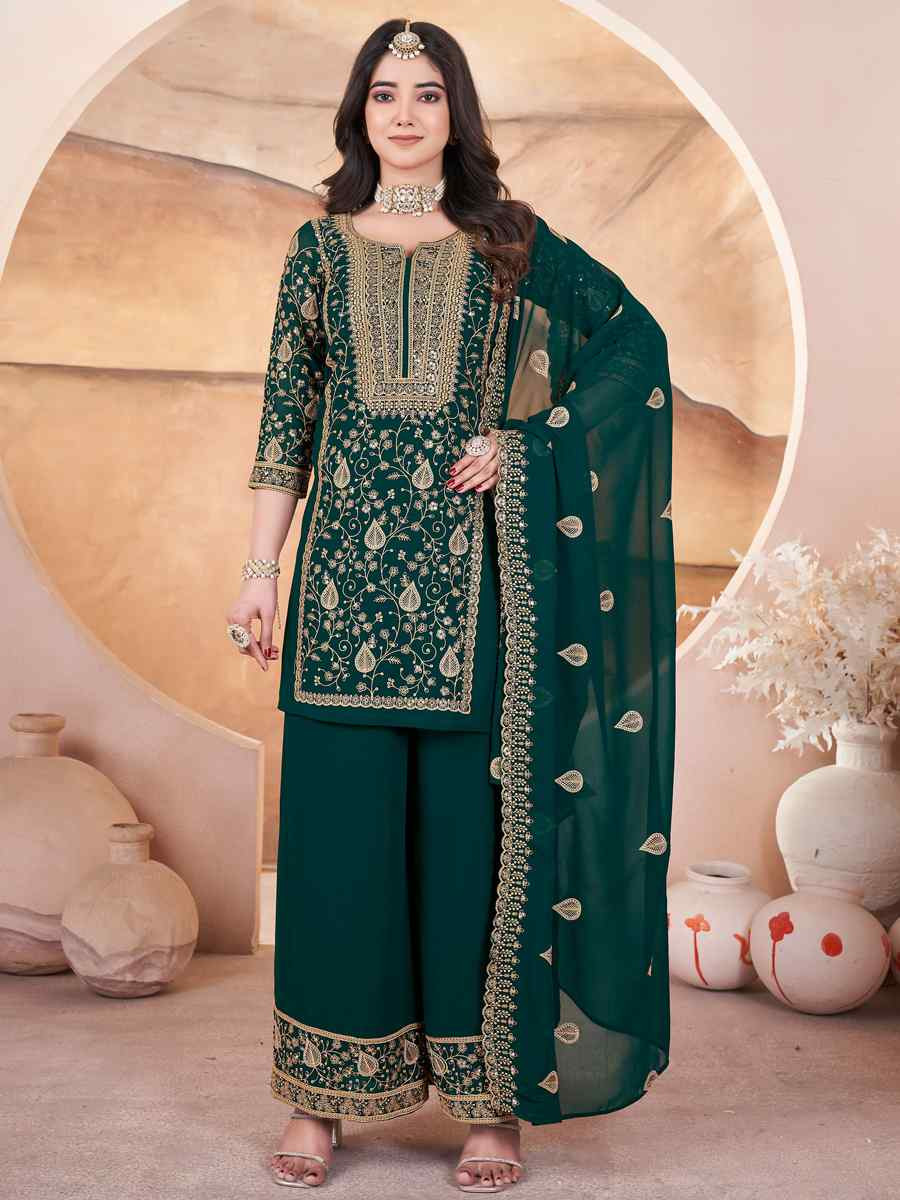 Green Faux Georgette Embroidered Festival Casual Palazzo Pant Salwar Kameez