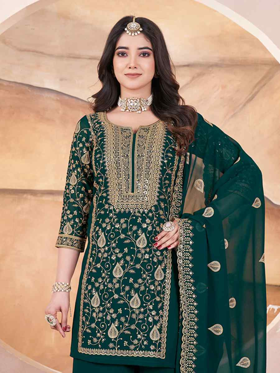 Green Faux Georgette Embroidered Festival Casual Palazzo Pant Salwar Kameez