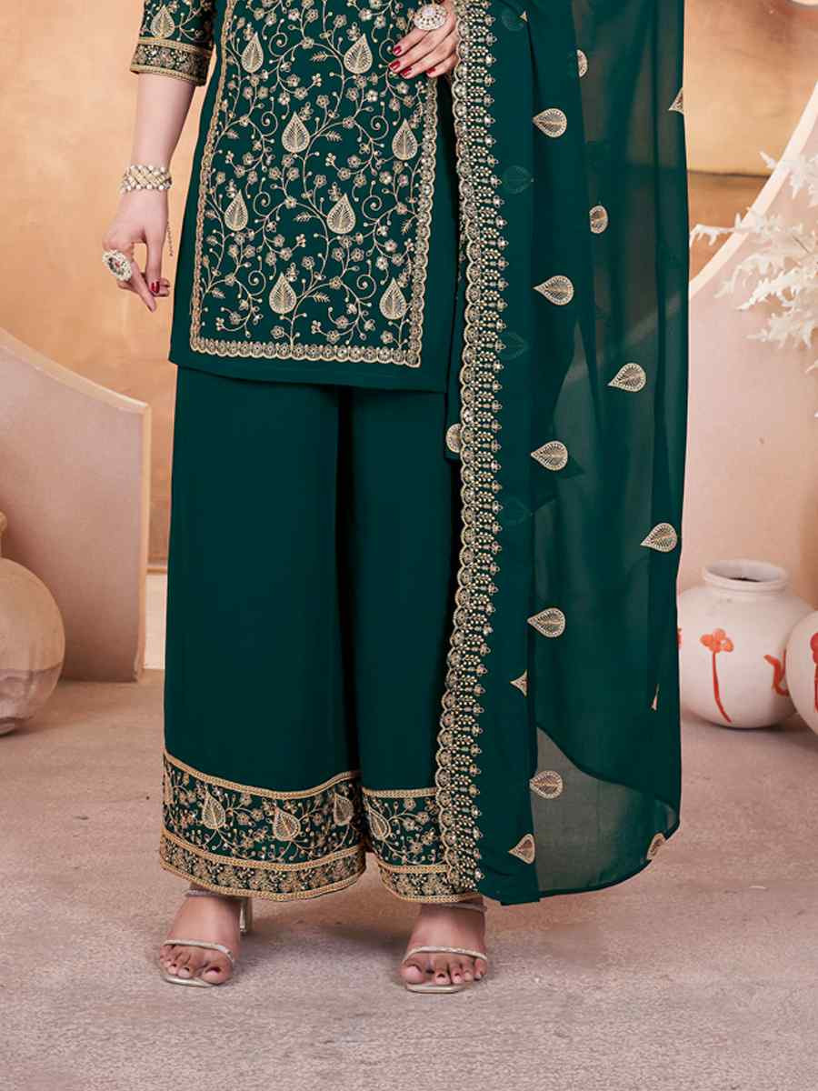 Green Faux Georgette Embroidered Festival Casual Palazzo Pant Salwar Kameez