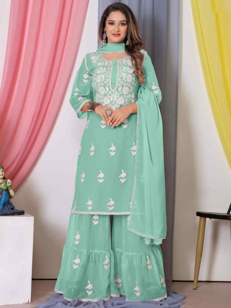 Green Faux Georgette Embroidered Festival Casual Ready Sharara Pant Salwar Kameez