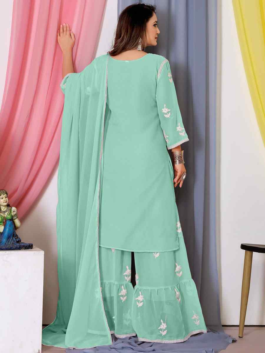 Green Faux Georgette Embroidered Festival Casual Ready Sharara Pant Salwar Kameez