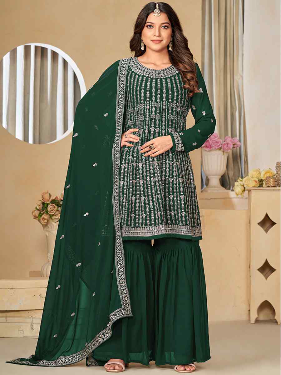 Green Faux Georgette Embroidered Festival Mehendi Sharara Pant Salwar Kameez