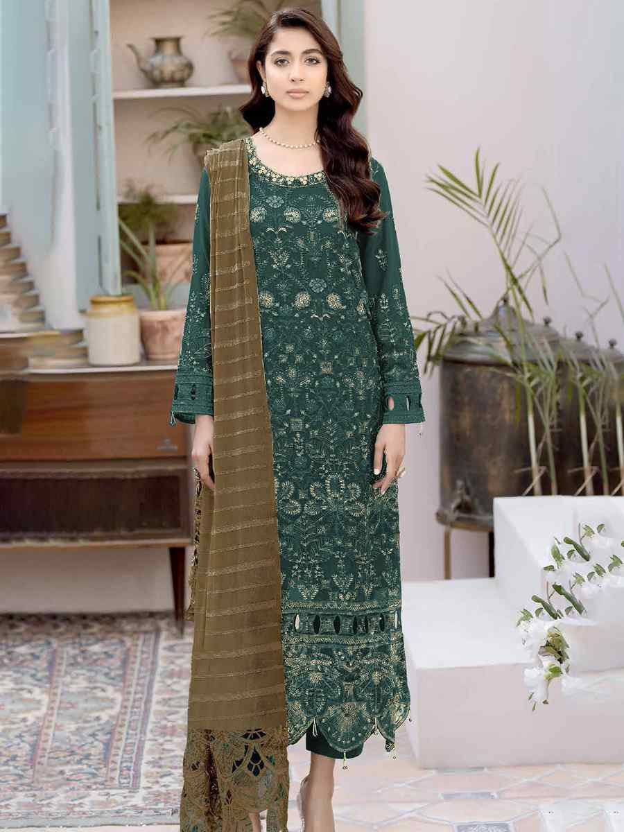 Green Faux Georgette Embroidered Festival Wedding Pant Salwar Kameez