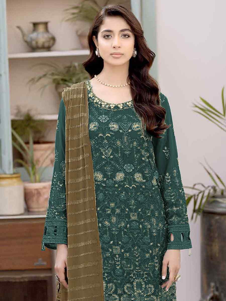 Green Faux Georgette Embroidered Festival Wedding Pant Salwar Kameez