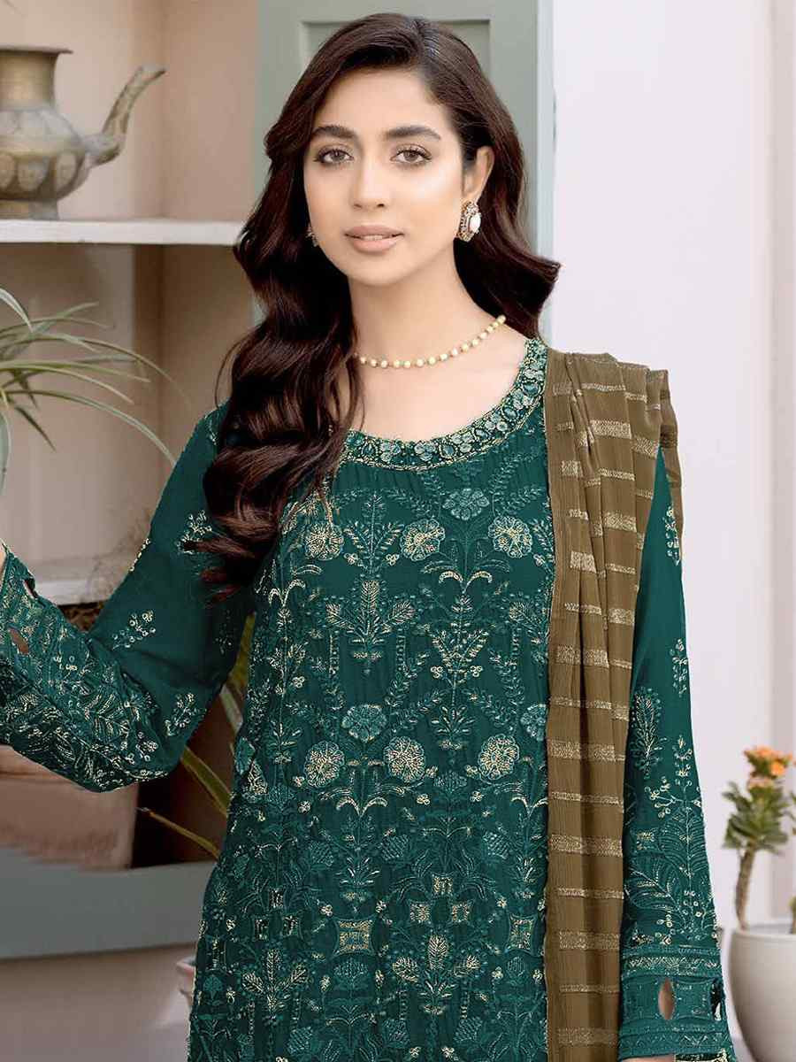 Green Faux Georgette Embroidered Festival Wedding Pant Salwar Kameez