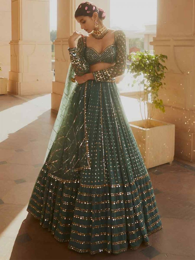 Green Faux Georgette Embroidery Bridesmaid Wedding Heavy Border Lehenga Choli