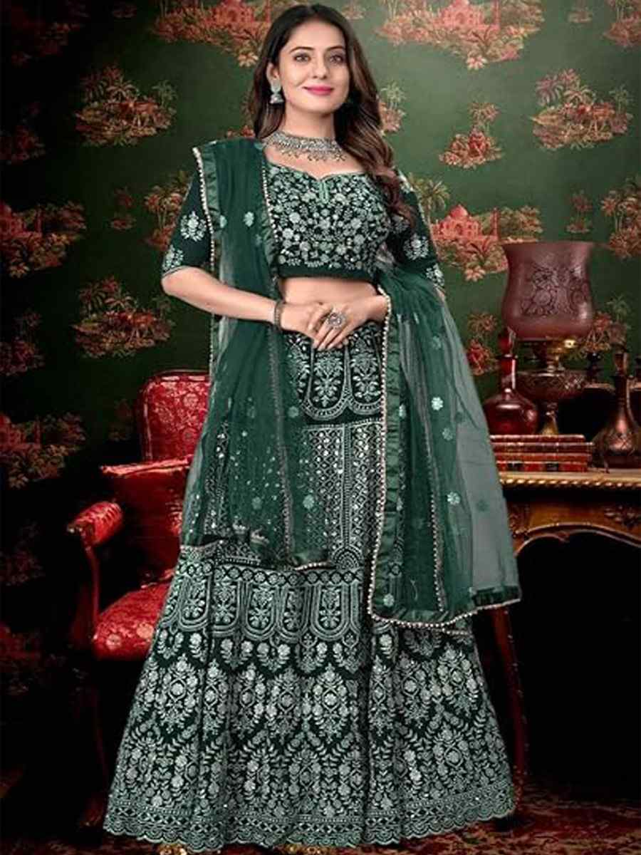 Green Faux Georgette Embroidery Reception Party Wear Heavy Border Lehenga Choli