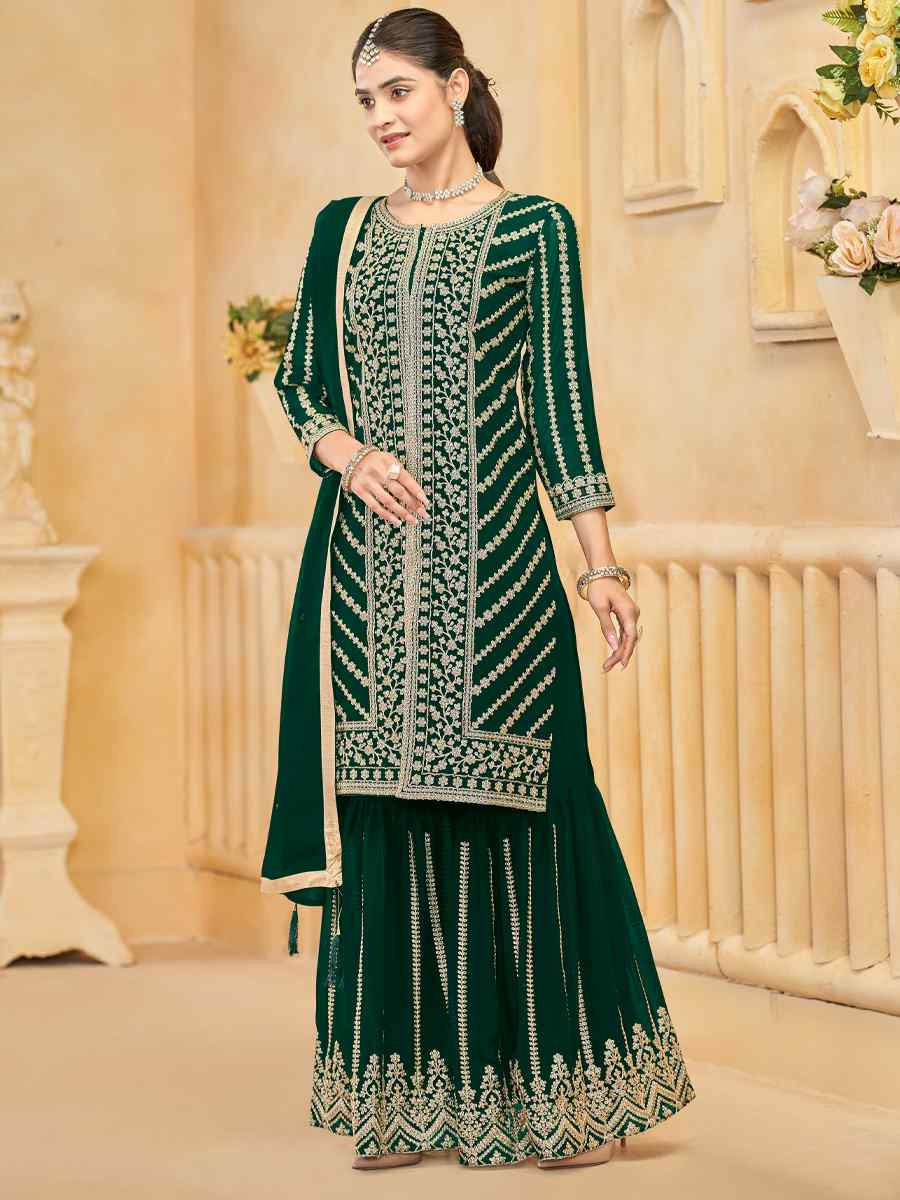 Green Faux Georgette Embroidered Casual Festival Palazzo Pant Salwar Kameez