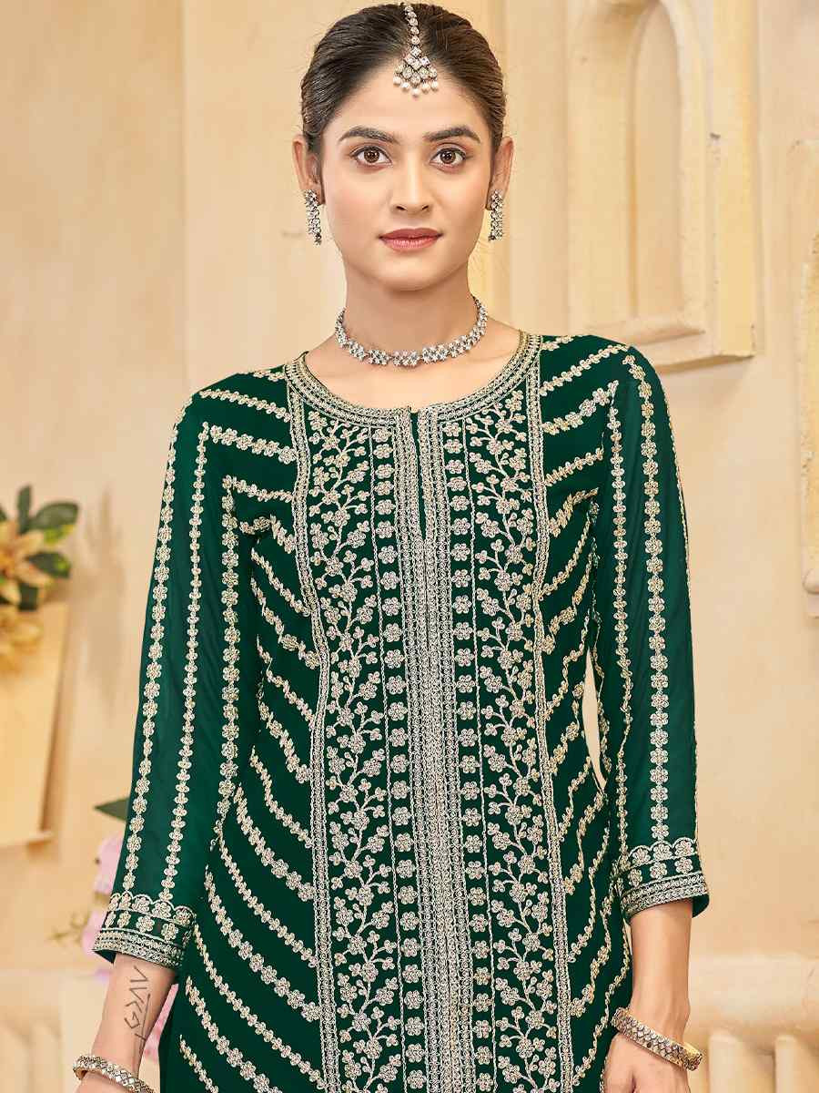 Green Faux Georgette Embroidered Casual Festival Palazzo Pant Salwar Kameez