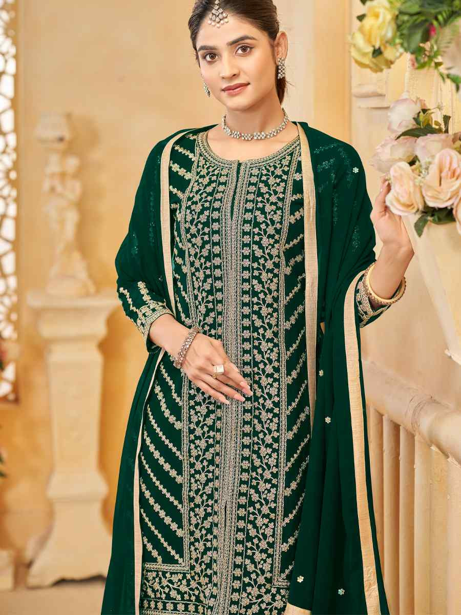 Green Faux Georgette Embroidered Casual Festival Palazzo Pant Salwar Kameez