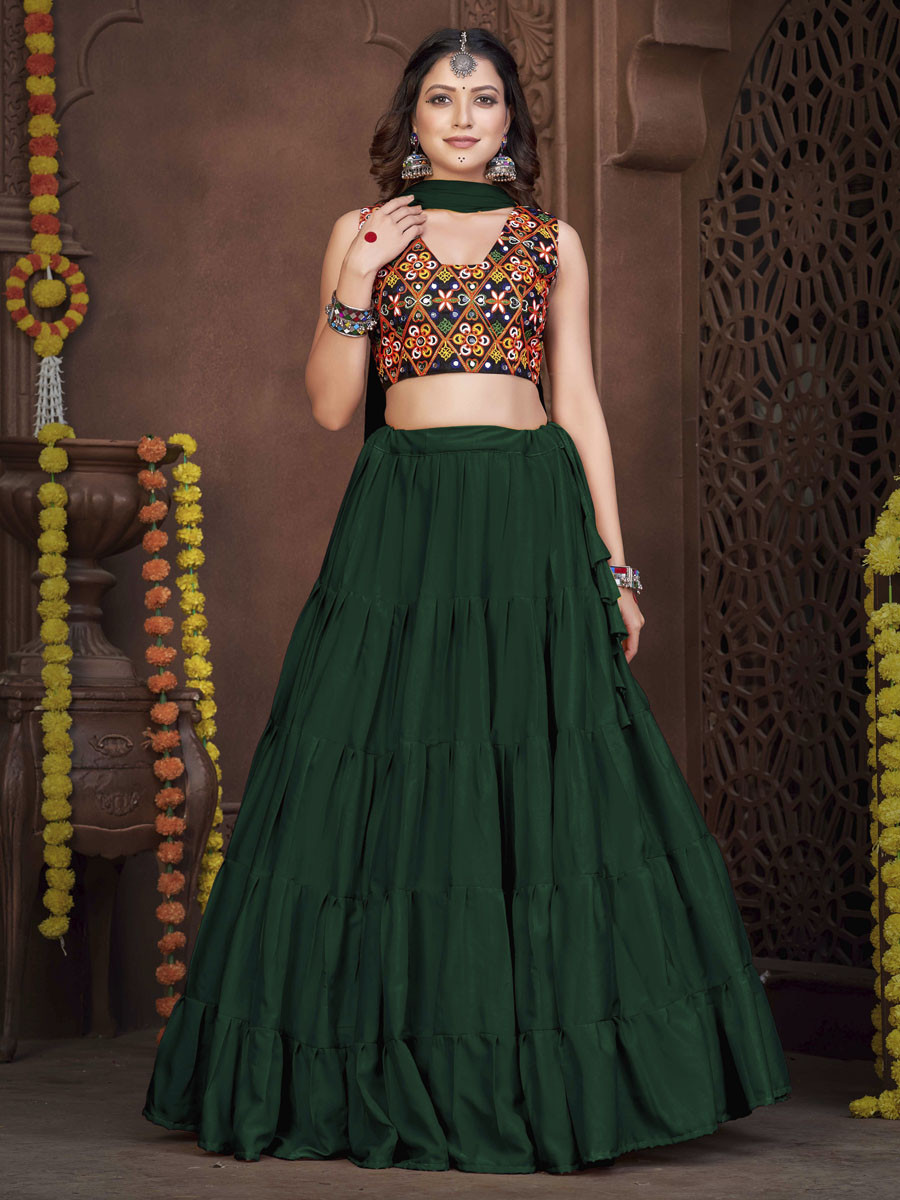 Green French Crepe Printed Festival Mehendi Circular Lehenga Choli