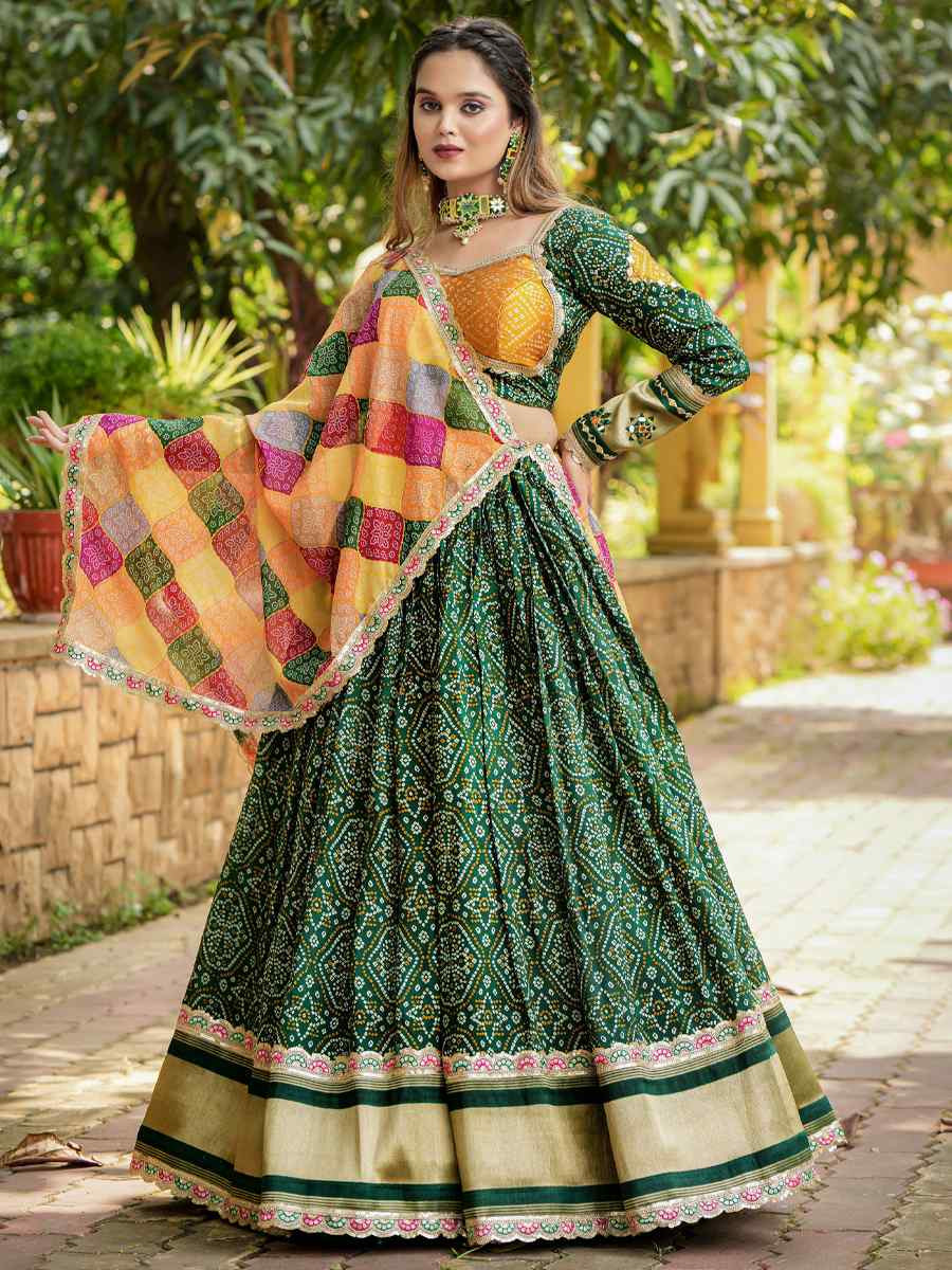 Green Gajji Soft Silk Embroidered Mehendi Festival Circular Lehenga Choli