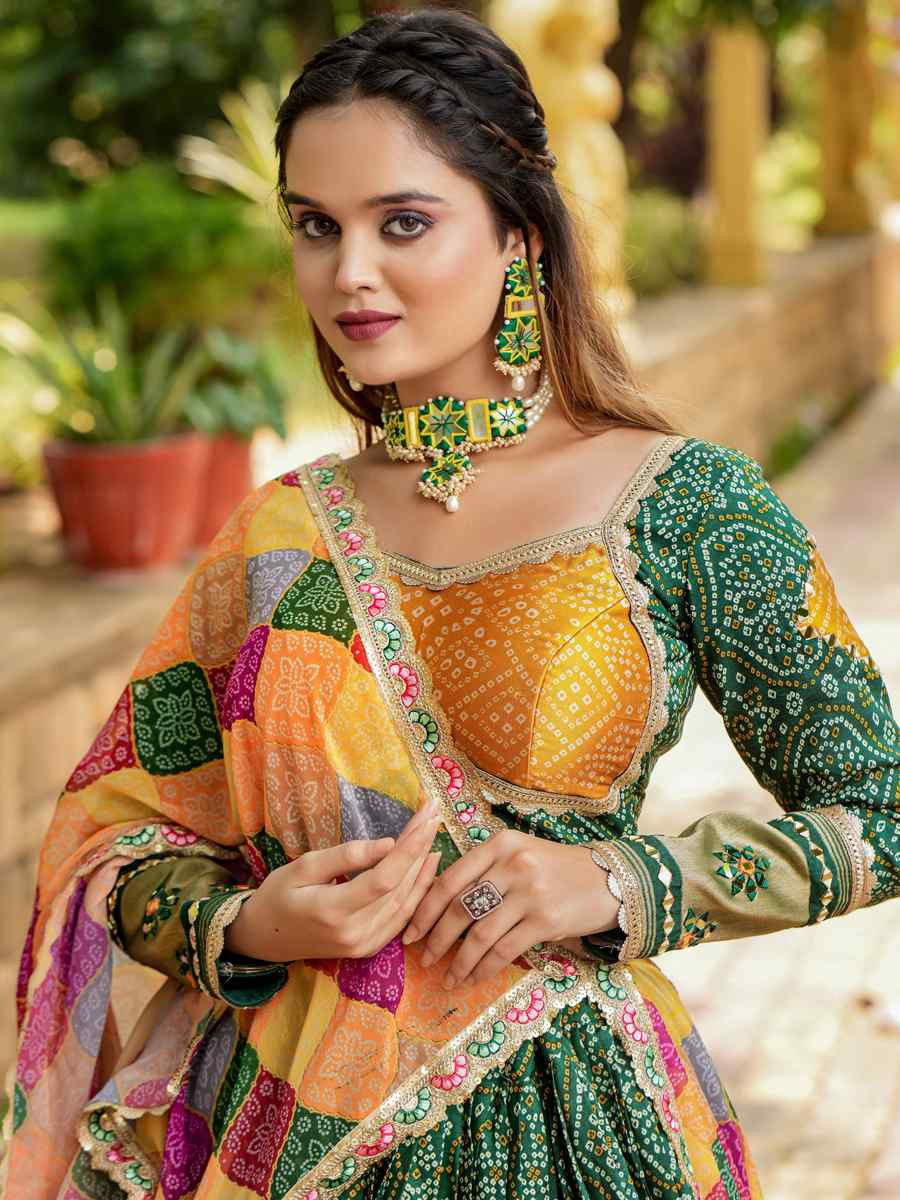 Green Gajji Soft Silk Embroidered Mehendi Festival Circular Lehenga Choli