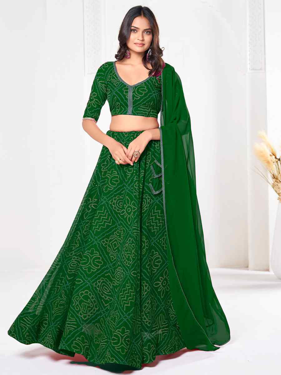 Green Georgette Bandhani Print Reception Wedding Heavy Border Lehenga Choli