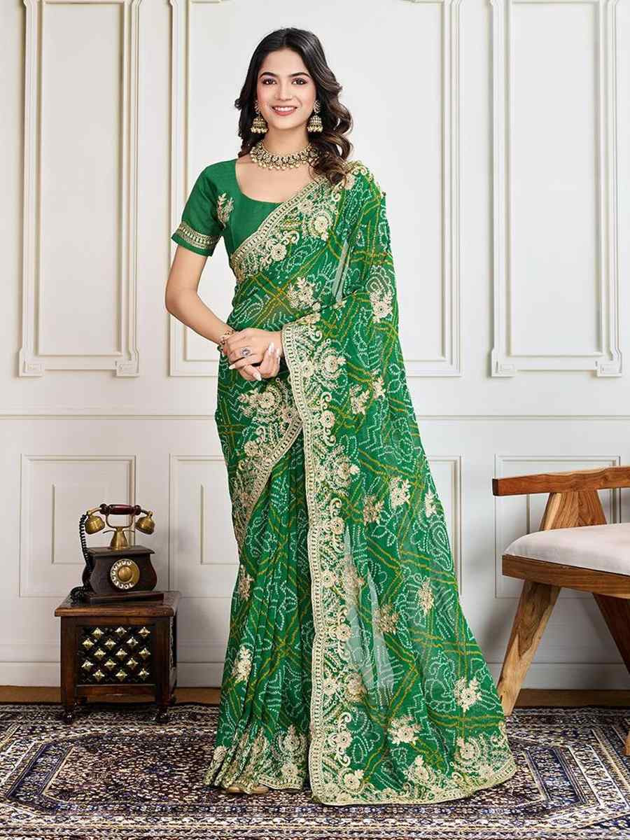 Green Georgette Bandhej Embroidered Bridesmaid Reception Heavy Border Saree