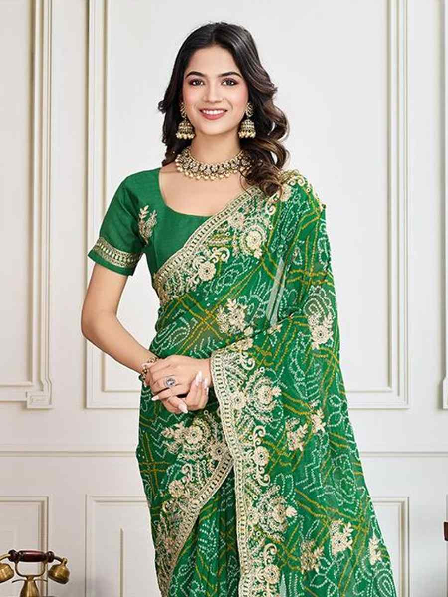 Green Georgette Bandhej Embroidered Bridesmaid Reception Heavy Border Saree