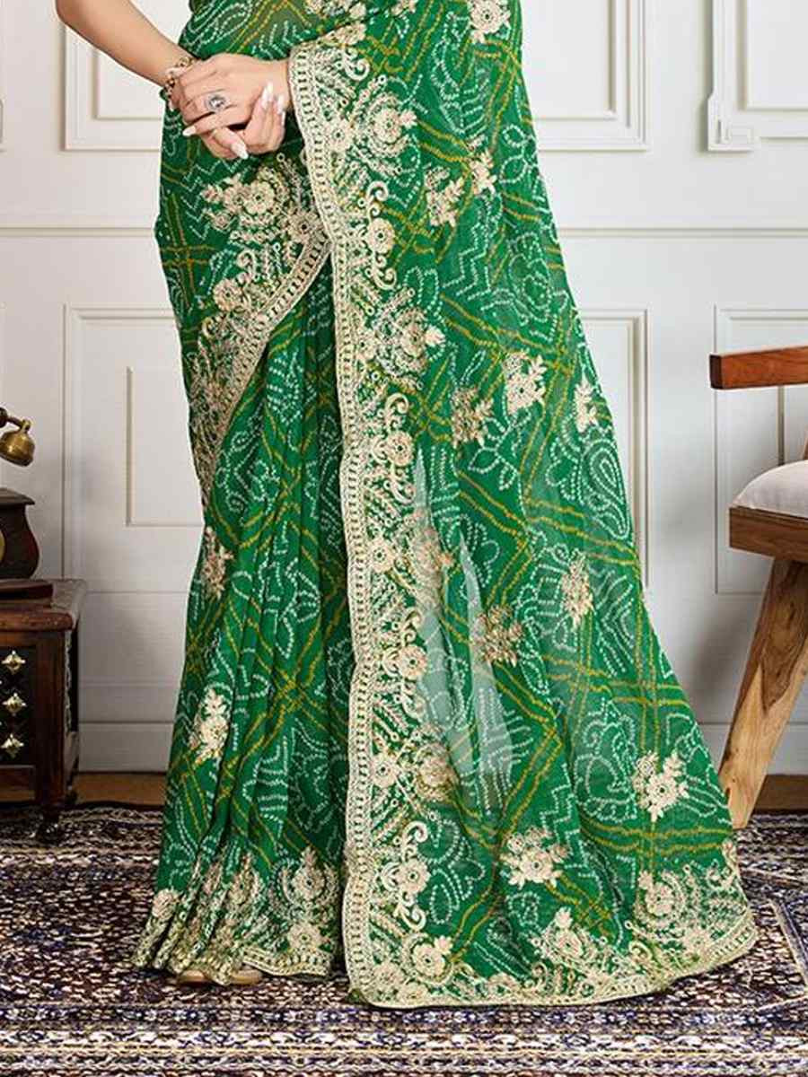 Green Georgette Bandhej Embroidered Bridesmaid Reception Heavy Border Saree