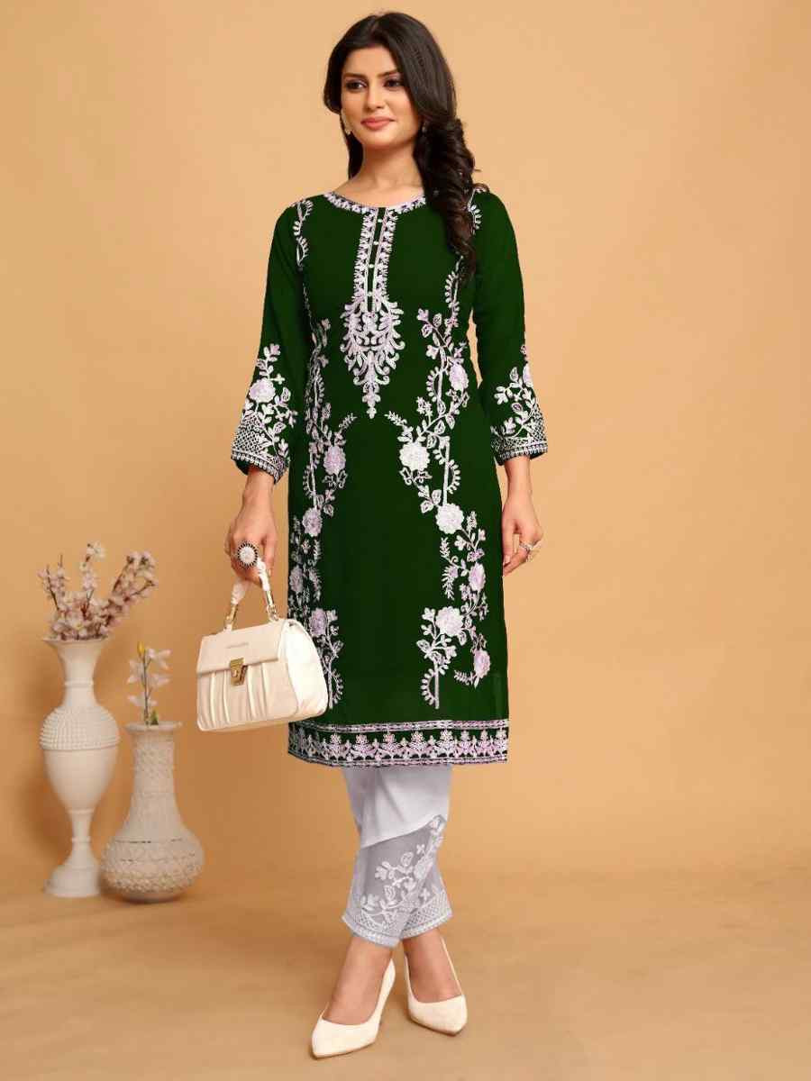 Green Georgette Embroidered Festival Casual Kurti