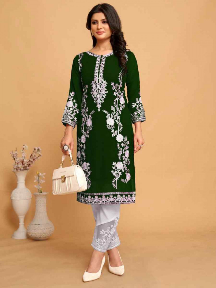 Green Georgette Embroidered Festival Casual Kurti