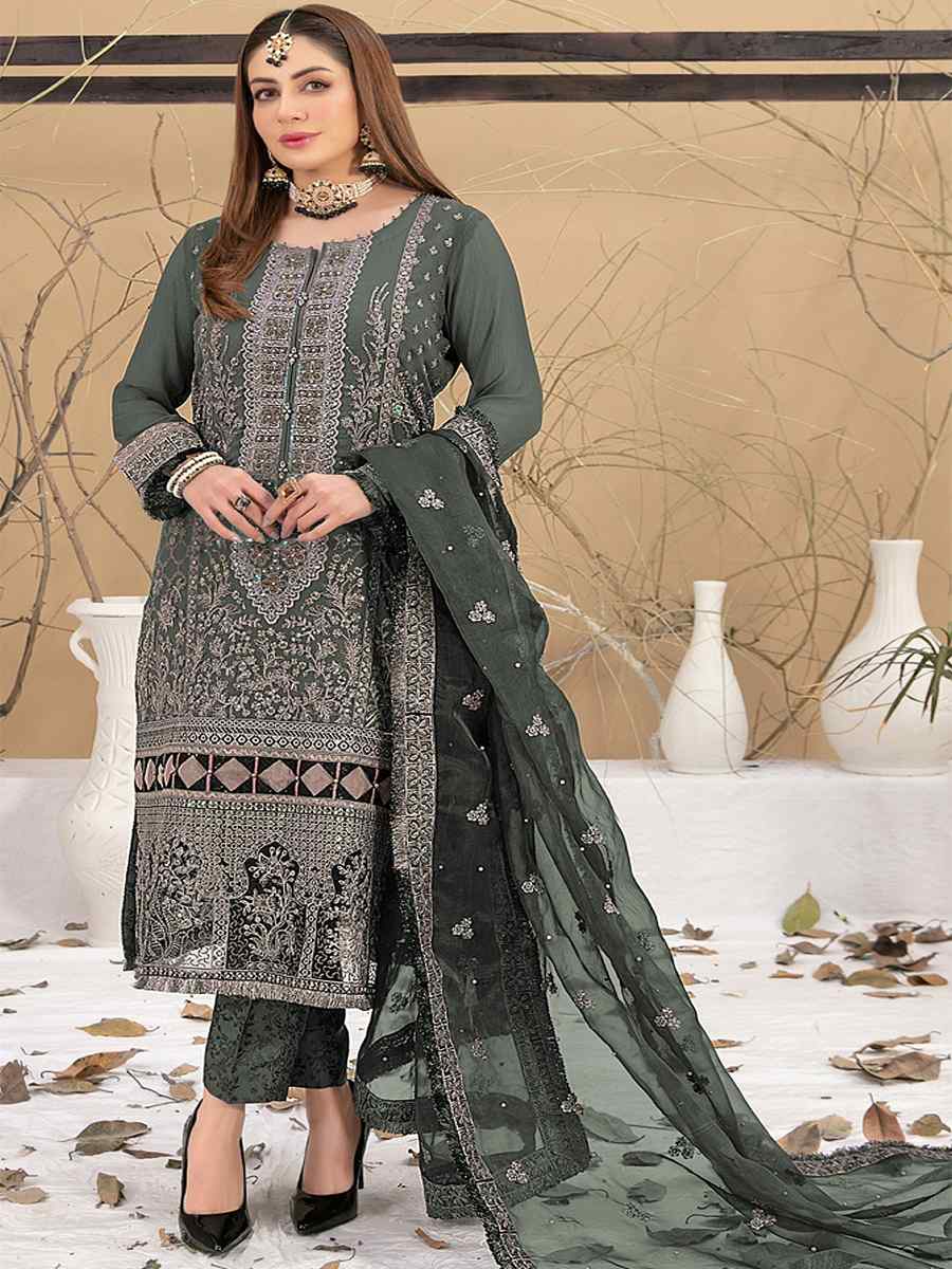 Green Georgette Embroidered Festival Casual Pant Salwar Kameez