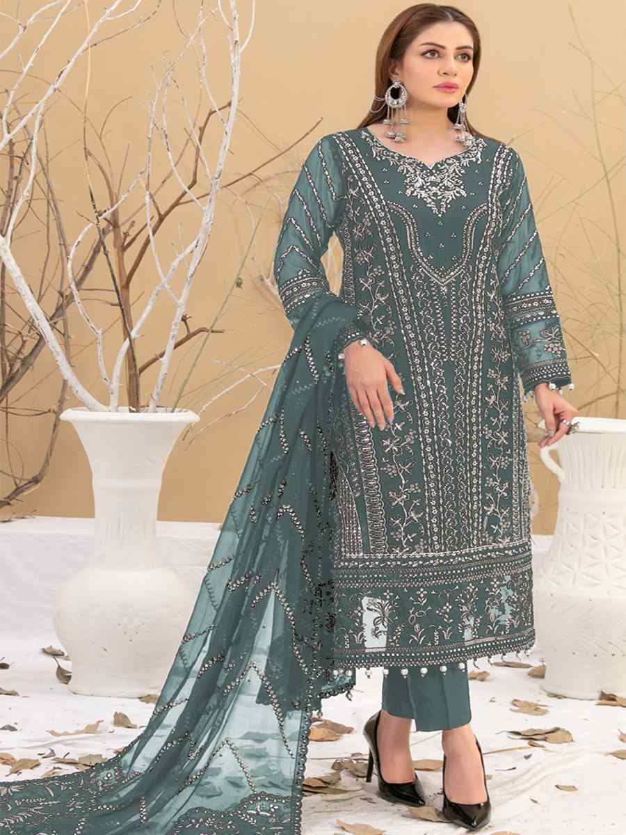 Green Georgette Embroidered Festival Casual Pant Salwar Kameez