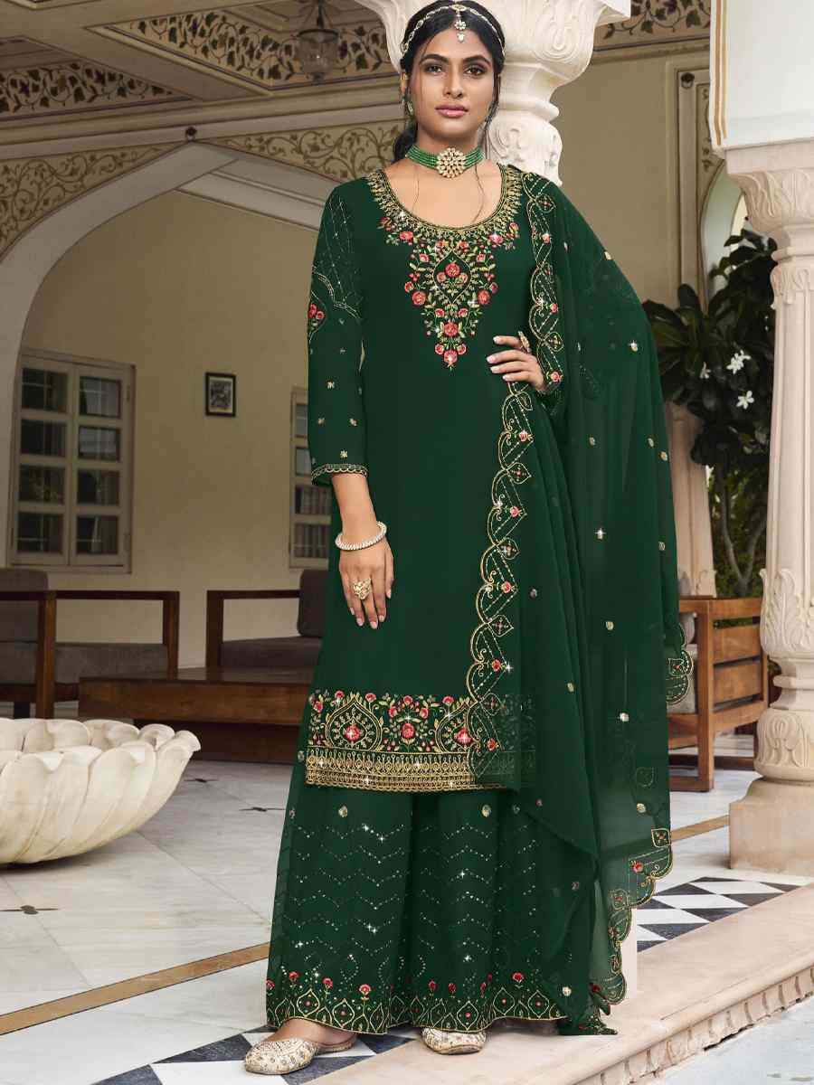 Green Georgette Embroidered Festival Wedding Palazzo Pant Salwar Kameez