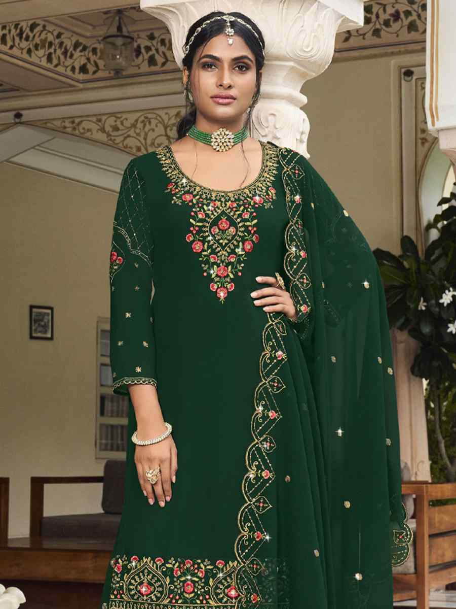 Green Georgette Embroidered Festival Wedding Palazzo Pant Salwar Kameez