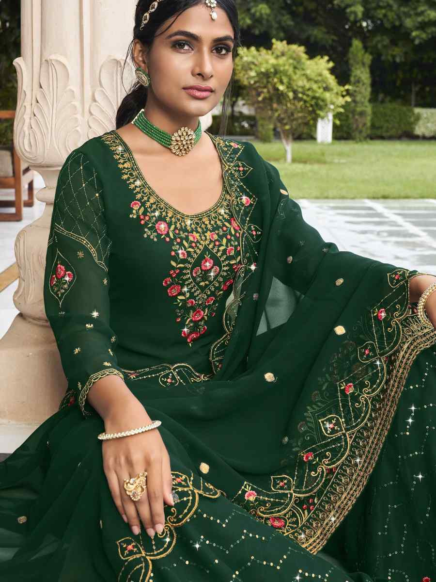 Green Georgette Embroidered Festival Wedding Palazzo Pant Salwar Kameez